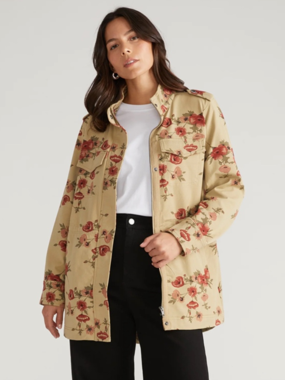 NWT Universal Standard Beige Utility Jacket Red Floral Print Medium (18 - 20)
